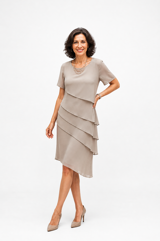 Vestido midi elegante con mangas cortas y capas