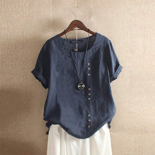 Gerlina - Linnen Blouse met Korte Mouw en Knoopsluiting