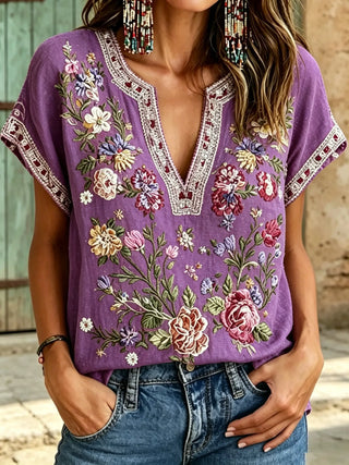 Women's Floral Print Cotton Short Sleeve Blouse