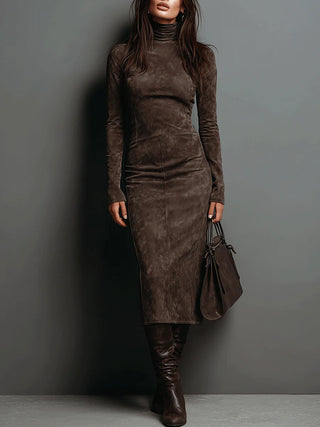 Marina - Vestido Midi de Ante con Cuello Alto y Mangas Largas