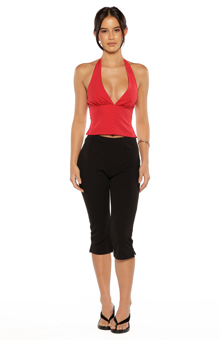 Top de gasa roja con lunares y cuello halter Beau