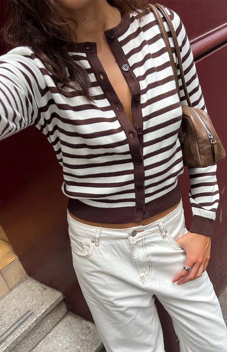 Cárdigan Lottie de rayas color chocolate con cuello redondo