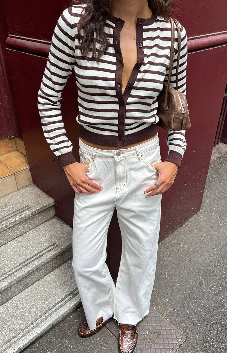 Cárdigan Lottie de rayas color chocolate con cuello redondo