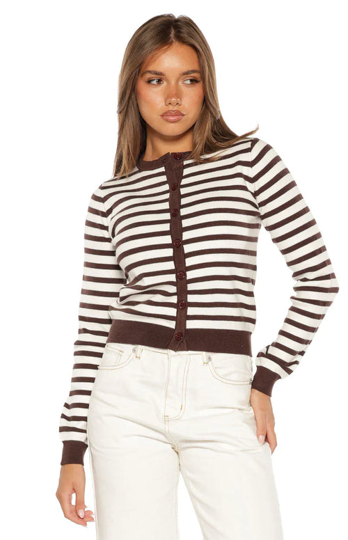 Cárdigan Lottie de rayas color chocolate con cuello redondo