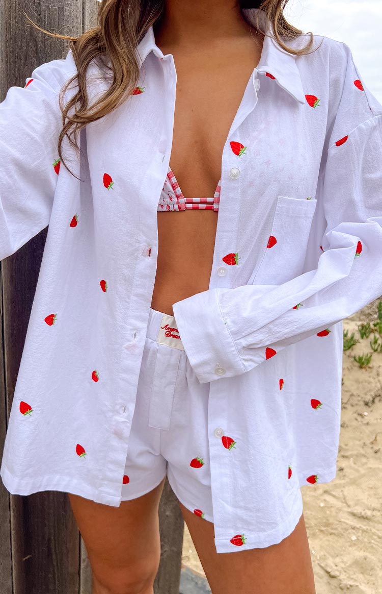 Margarita White Strawberry Embroidered Long Sleeve Shirt
