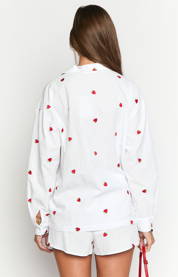 Margarita White Strawberry Embroidered Long Sleeve Shirt