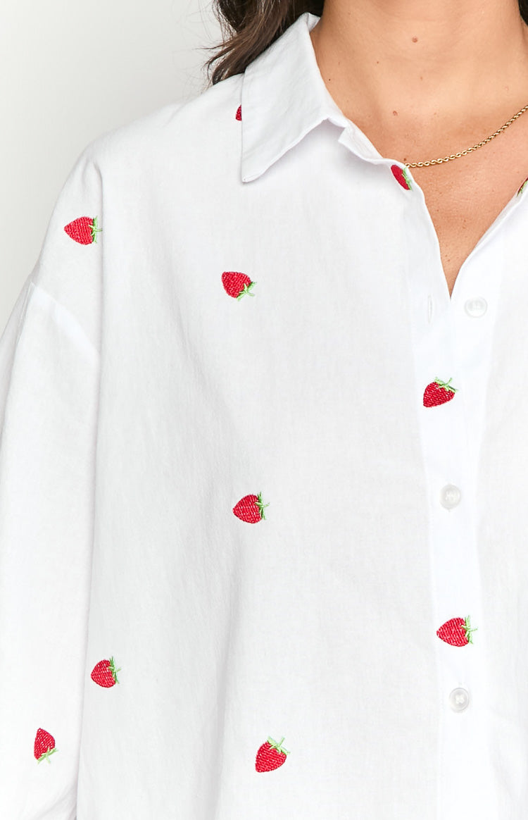 Margarita White Strawberry Embroidered Long Sleeve Shirt