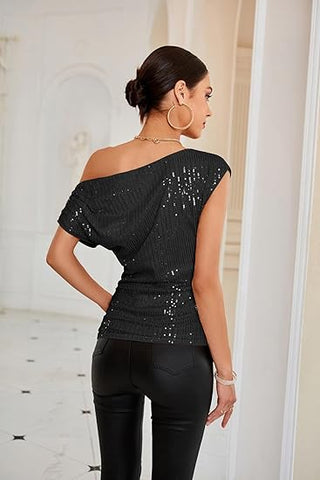 Helisette - One-Shoulder Glitter Top