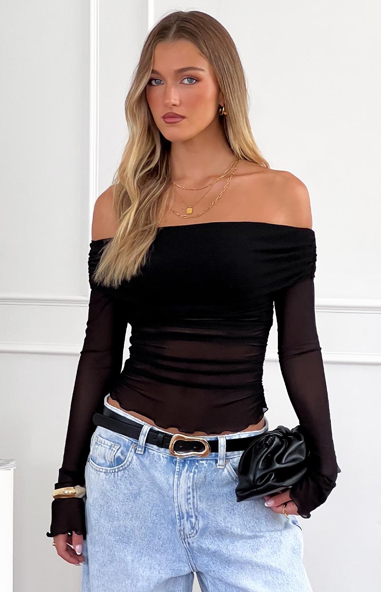 Zwarte crop top van mesh met off-shoulderhals