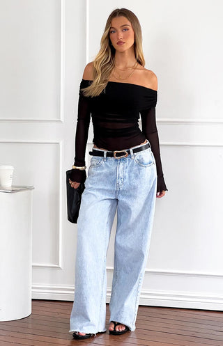 Zwarte crop top van mesh met off-shoulderhals