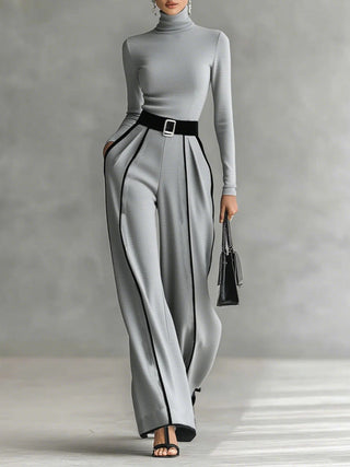Mila™ - Conjunto de Top de Cuello Alto con Mangas Largas y Pantalones de Pierna Ancha con Cinturón