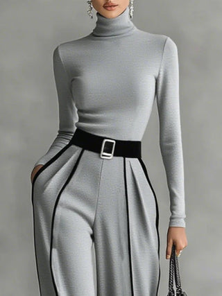 Mila™ - Conjunto de Top de Cuello Alto con Mangas Largas y Pantalones de Pierna Ancha con Cinturón