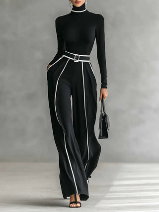 Mila™ - Conjunto de Top de Cuello Alto con Mangas Largas y Pantalones de Pierna Ancha con Cinturón