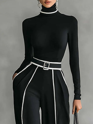 Mila™ - Conjunto de Top de Cuello Alto con Mangas Largas y Pantalones de Pierna Ancha con Cinturón