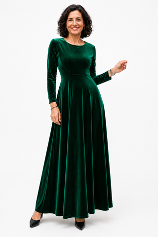 Catalina | Vestido Verde Largo de Terciopelo Holgado y Mangas Largas