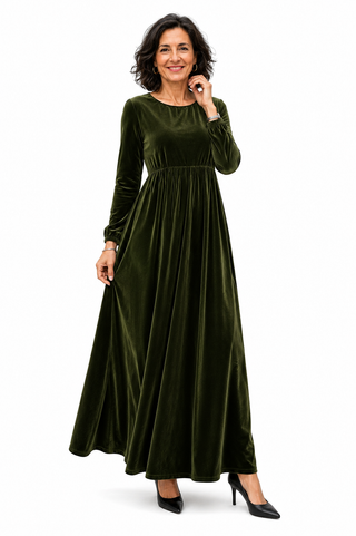 Isabel | Vestido Verde de terciopelo con cuello redondo, mangas farol y bajo amplio