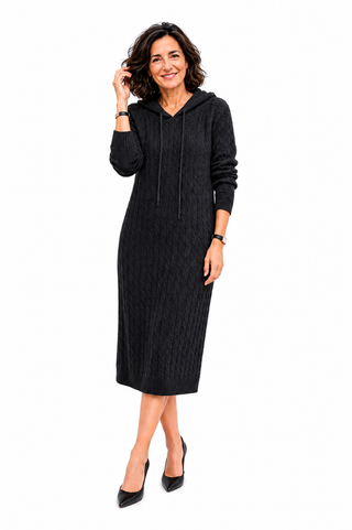 Elena | Vestido Negro de Punto con Capucha Cálido, Cómodo y elegante
